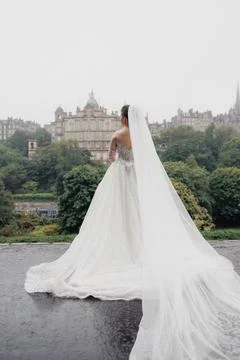 Bride stands on wet pavement, back to camera Foto stock