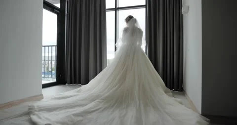 The bride stands by the window in a luxurious wedding dress Stock Footage 200897778