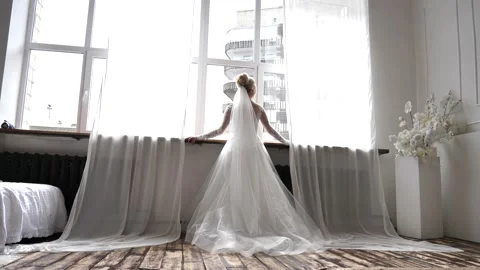 The bride stands at the window in a luxurious wedding dress Stock Footage 239466937