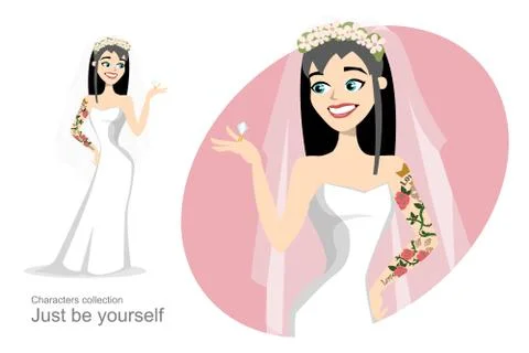 Bride with tattoo looking at wedding ring Stock Illustration