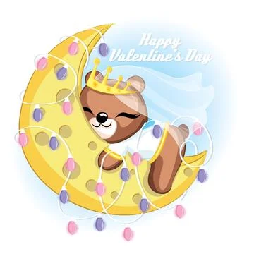 Bride teddy bear character is sleeping on the moon with lamp. Vector illust.. Stock Illustration