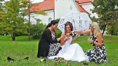 Bride toasting with girlfriends Stock Footage 24673186