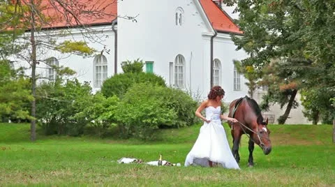 Bride try to walk with a horse, but it is more important to eat Stock Footage 24673203