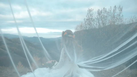 Bride Under The Veil With The Mountain In The Background. Trash The Dress. Stock Footage 198348088
