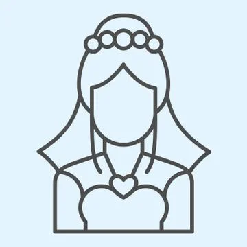 Bride with veil thin line icon. Silhouette of beautiful woman in elegant dress Stock Illustration