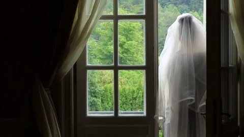 Bride waiting, looking at the window and terrace Stock Footage 76202935