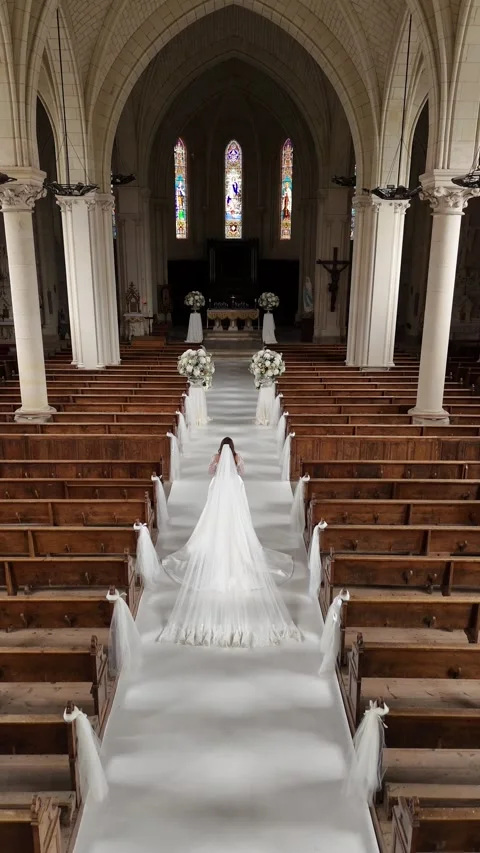 Bride Walking Down the Aisle in Historic Church – Top View Stock Footage 306495058