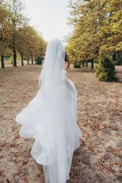 Bride Walking Down Treelined Path With Flowing Veil And Autumn Leaves Underfoot, Stock Photos