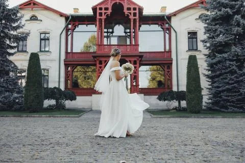 Bride walks gracefully on cobblestone path Stock Photos