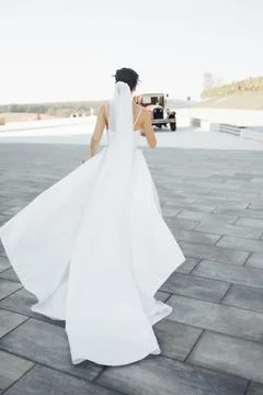 Bride walks gracefully on paved path Foto stock