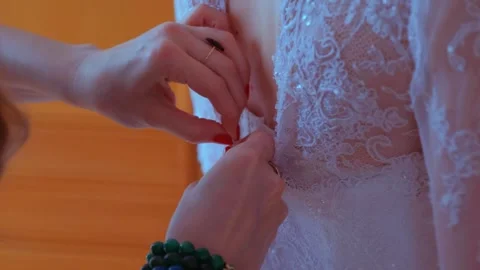 Bride Wearing White Lace Wedding Dress Buttoning Indoors Stock Footage 342021350