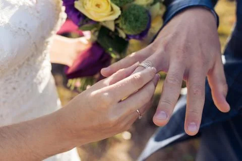 The bride wears a ring on the finger of the close-up Stock Photos