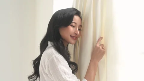 Bride in White bathrope touching and admiring elegant wedding dress prepari.. Stock Footage 280205386