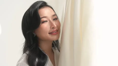 Bride in White bathrope touching and admiring elegant wedding dress prepari.. Stock Footage 280205436