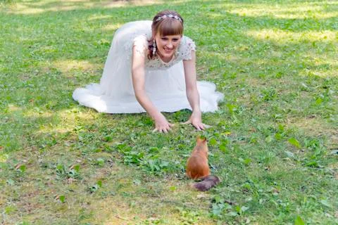 Bride in white lying on grass next to the squirrel Stock Photos