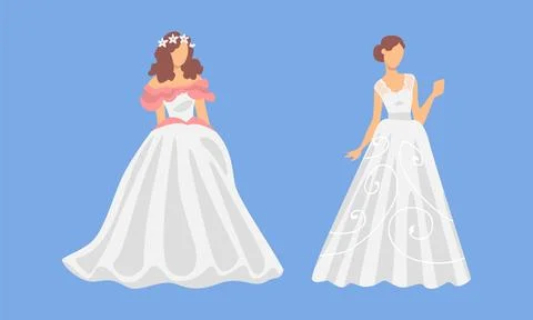 Bride in White Wedding Dress Standing as Newlywed or Just Married Female on Blue Stock Illustration