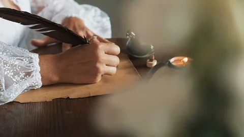 Bride Writes A Vow With A Pen Of Ink On Old Paper. Stock Footage 108680402