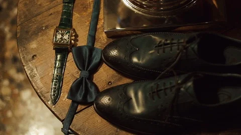 Bridegroom Accessories On The Table. Stock Footage 106090849