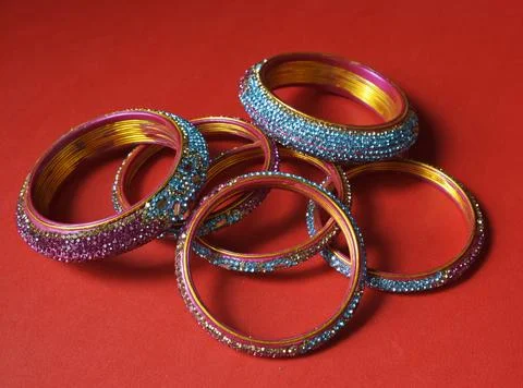 Bridel Bangles For Wedding Top View On Red Color Background Stock Photograp.. 스톡 사진