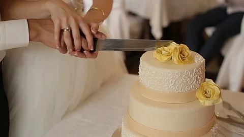 Brides arms cutting wedding cake Stock Footage 108560147