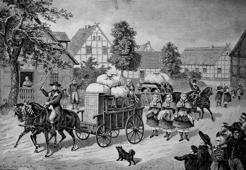 The brides beds are driven through the village by a wagon custom in Pomerania Stock Illustration