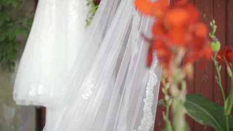 A bride's veil flowing gently in the breeze against a natural outdoor backdrop Stock-Footage 304985207