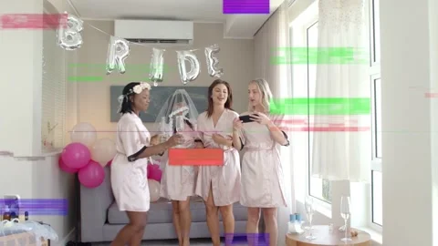 Bridesmaid fitting veil, bride posing while bridesmaids clapping, taking phone Stock Footage 333059221