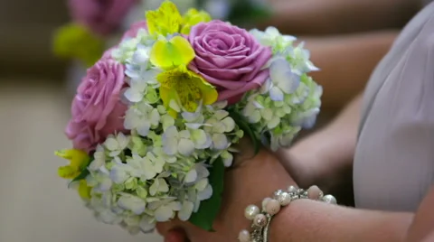 Bridesmaids Bouquets In A Row Stock Footage 53489150