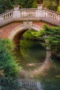 Bridge above pond with reflection in Parc Monceau, Paris, France Stock Photos
