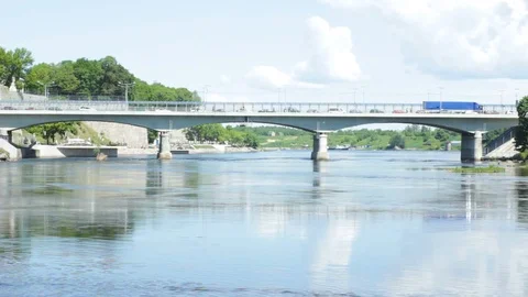 Bridge Across Narva River Border Between Estonia and Russia Stock Footage 91269822