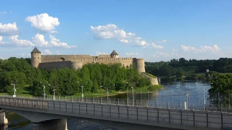 Bridge across Narva river - border between Russia and Estonia. Stock Footage 112345107