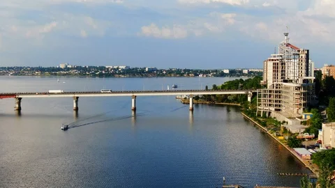 Bridge across river Souther Bug.Bridge designed and builded in Soviet Union. Stock Footage 121458645
