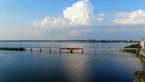 Bridge across river Souther Bug.Bridge designed and builded in Soviet Union. Stock Footage 121476453