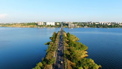 Bridge across river Souther Bug.Bridge designed and builded in Soviet Union. Stock Footage 121476854