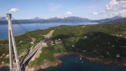 Bridge Aerial Time Lapse 4k - Hålogaland Bridge And The Coast Of Øyjord Norway Stock Footage 121561118