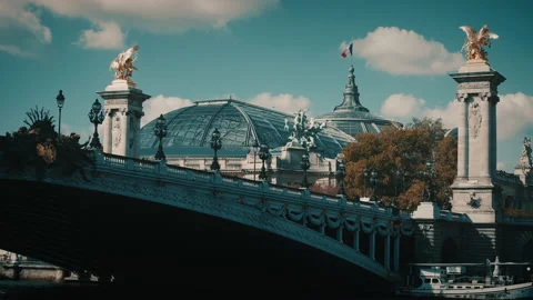 Bridge Alexander 3 over the river Seine with the big palace behind Stock Footage 139757430