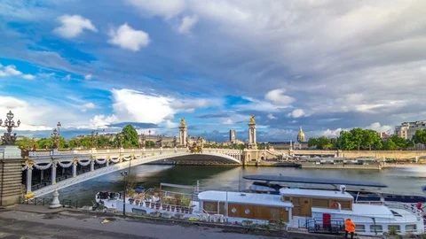 Bridge of Alexandre III spanning the river Seine timelapse hyperlapse. Paris Stock Footage