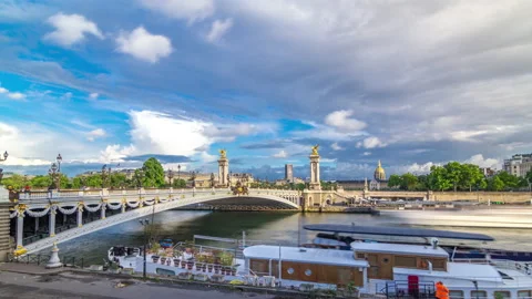 Bridge of Alexandre III spanning the river Seine timelapse hyperlapse. Paris Stock Footage 142141058