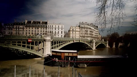Bridge and Barge on River Seine in Paris 2024 Stock Footage 270247724