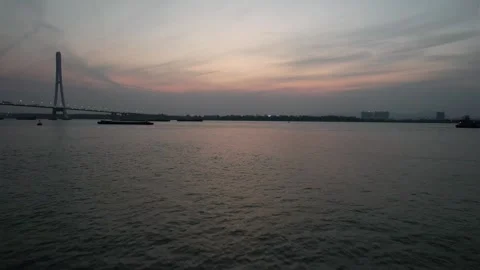 Bridge And Barges Under Evening Sky in Nanjing, China Stock Footage 344039672