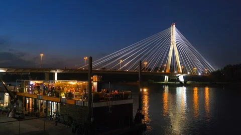 Bridge and Boat in Warsaw At Night Stock Footage