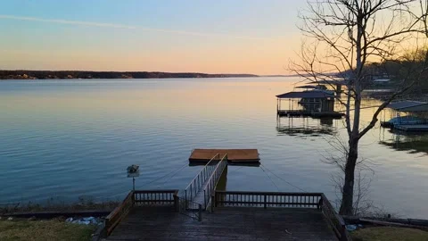Bridge And Floating Platform Dock By Grand Lake O' the Cherokees At Dusk Stock Footage 168893447