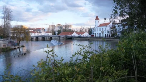 Bridge and river old city templar castle Tomar  slow motion 4k Stock Footage 85772467