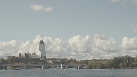 Bridge and sails near the Vyborg Castle Stock Footage