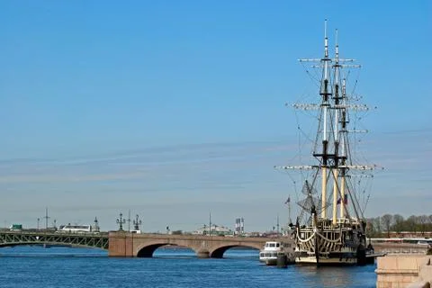 Bridge and the schooner. Stock Photos
