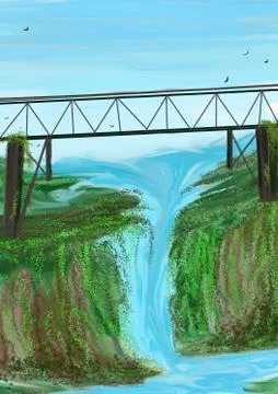 Bridge and waterfall Illustration wallpaper Stock Illustration