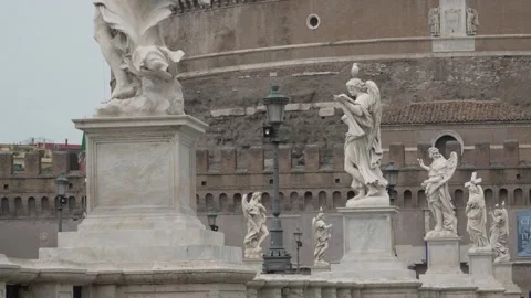 Bridge of Angels - Marble Statues and Castle Exterior. Stock Footage 330430704