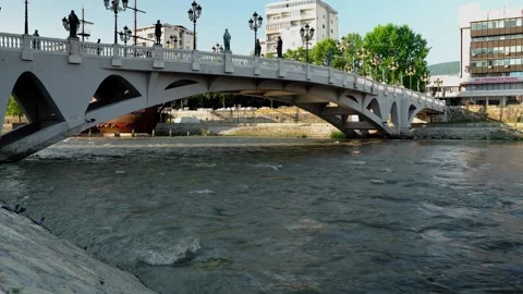The Bridge of Arts is a pedestrian bridge over the Vardar River Stock Footage 250015058