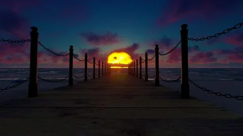 Bridge on the beach with sunset over the sea, 3d illustration Ilustração Stock