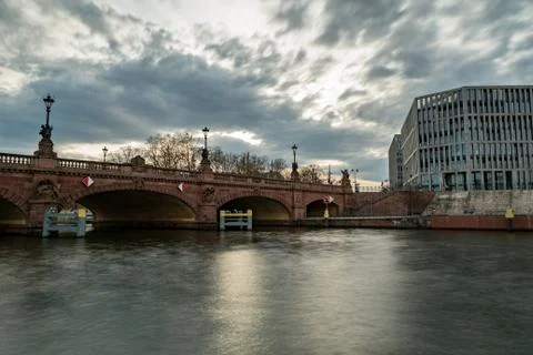 A bridge on Berlin's river Spree at long time exposure Stock Photos